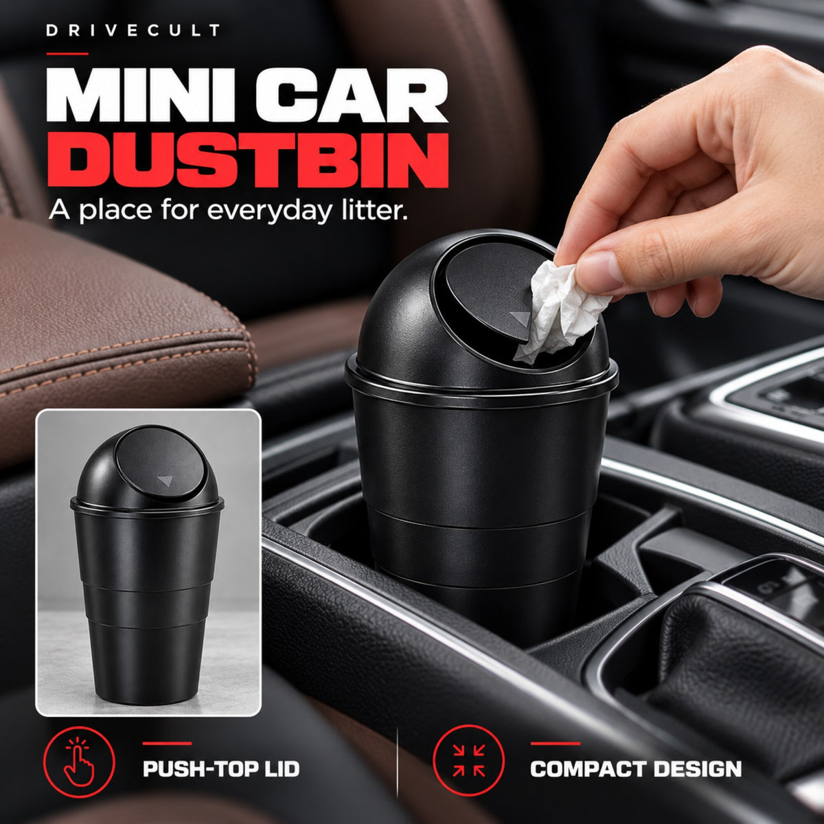 Mini car dustbin with push-top lid in a cup holder