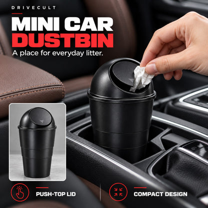 Mini car dustbin with push-top lid in a cup holder