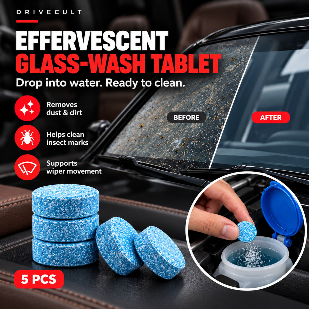 Effervescent glass-wash tablets for the windscreen washer tank