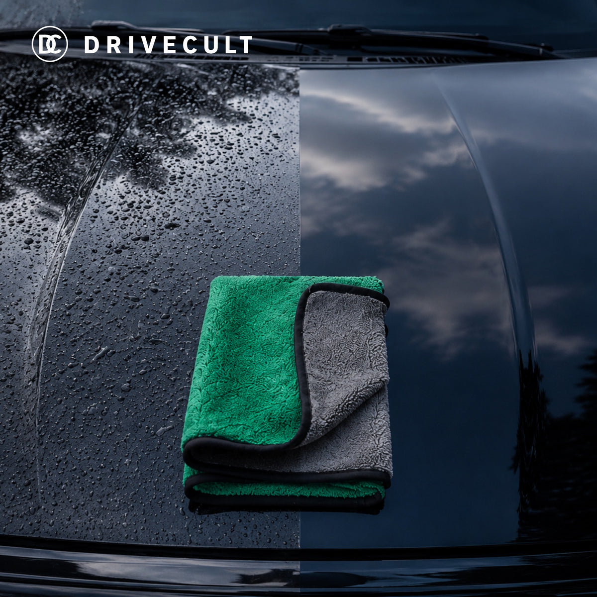 Microfibre cloth on a wet car bonnet