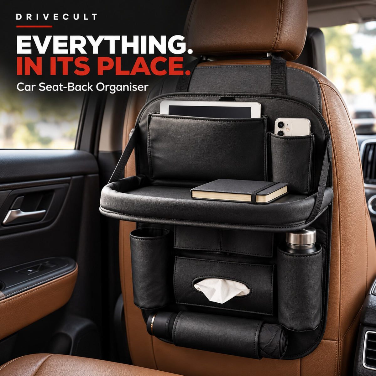 Car back seat organiser with foldable tray strapped to a front seat