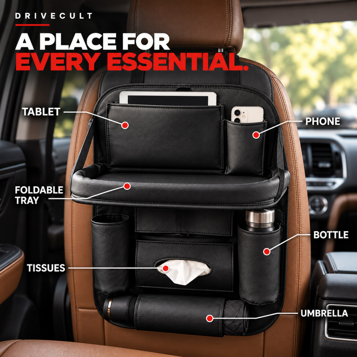 Back seat organiser pockets for a tablet, phone, bottles, tissues and an umbrella