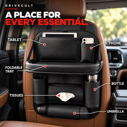Back seat organiser pockets for a tablet, phone, bottles, tissues and an umbrella