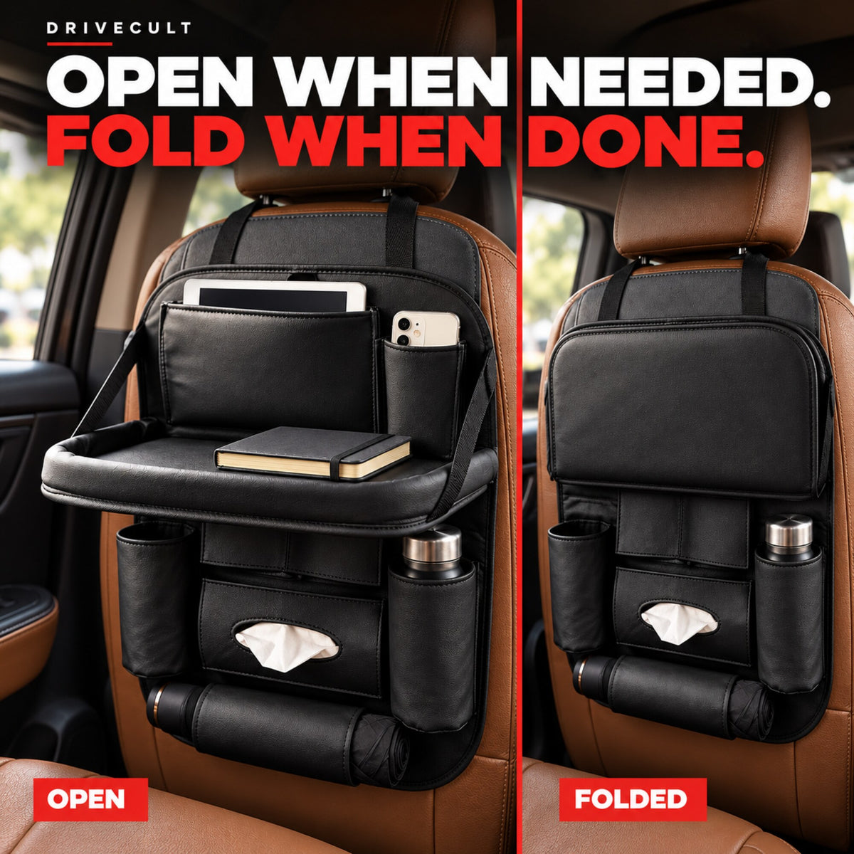 Back seat organiser with the tray open and folded
