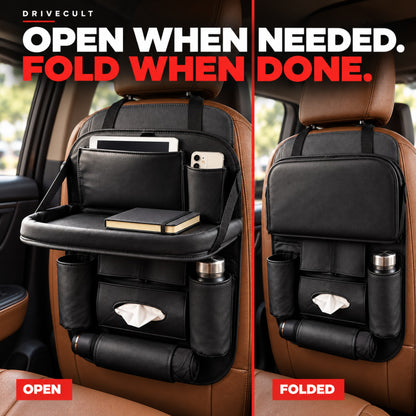 Back seat organiser with the tray open and folded