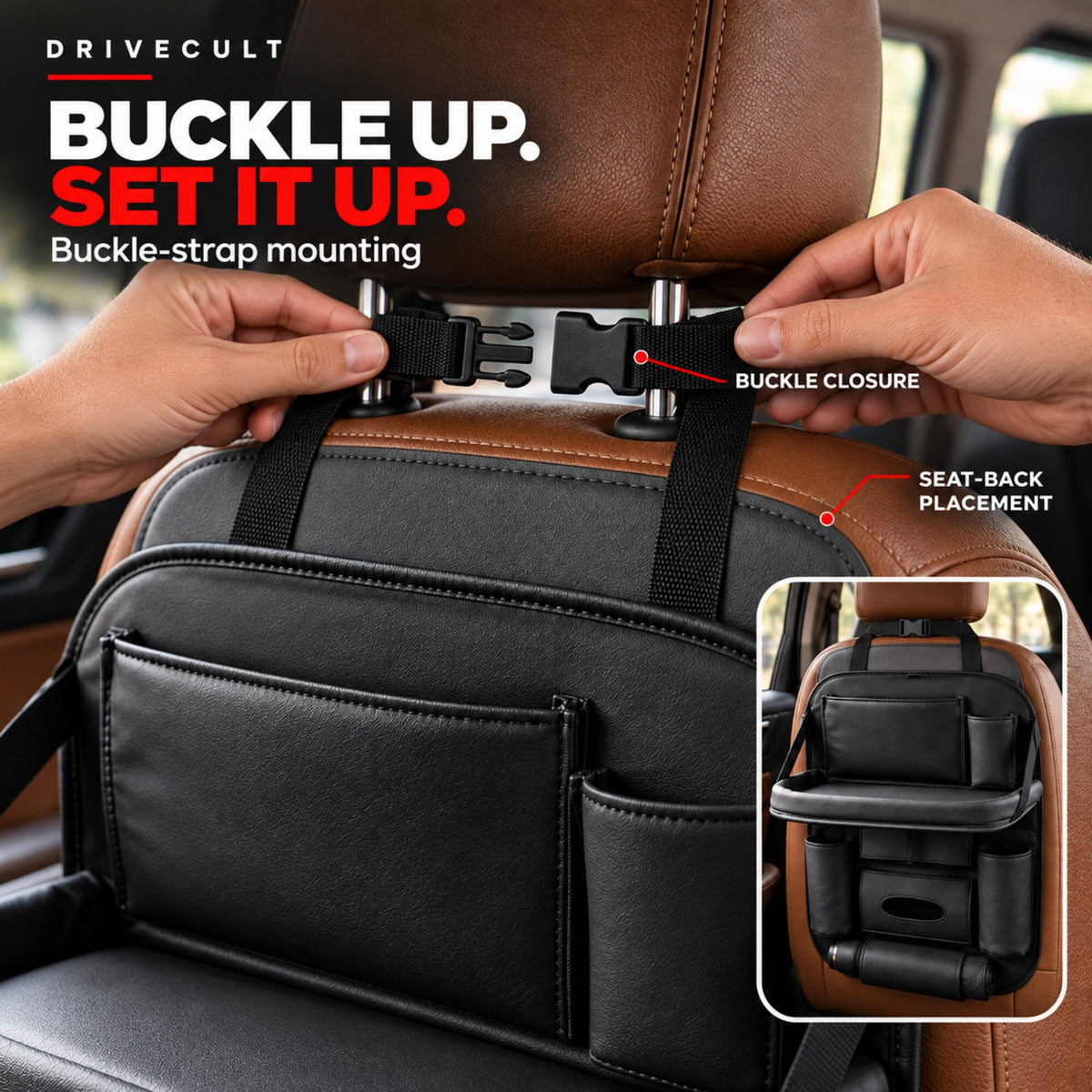 Buckle strap fixing the back seat organiser around the headrest
