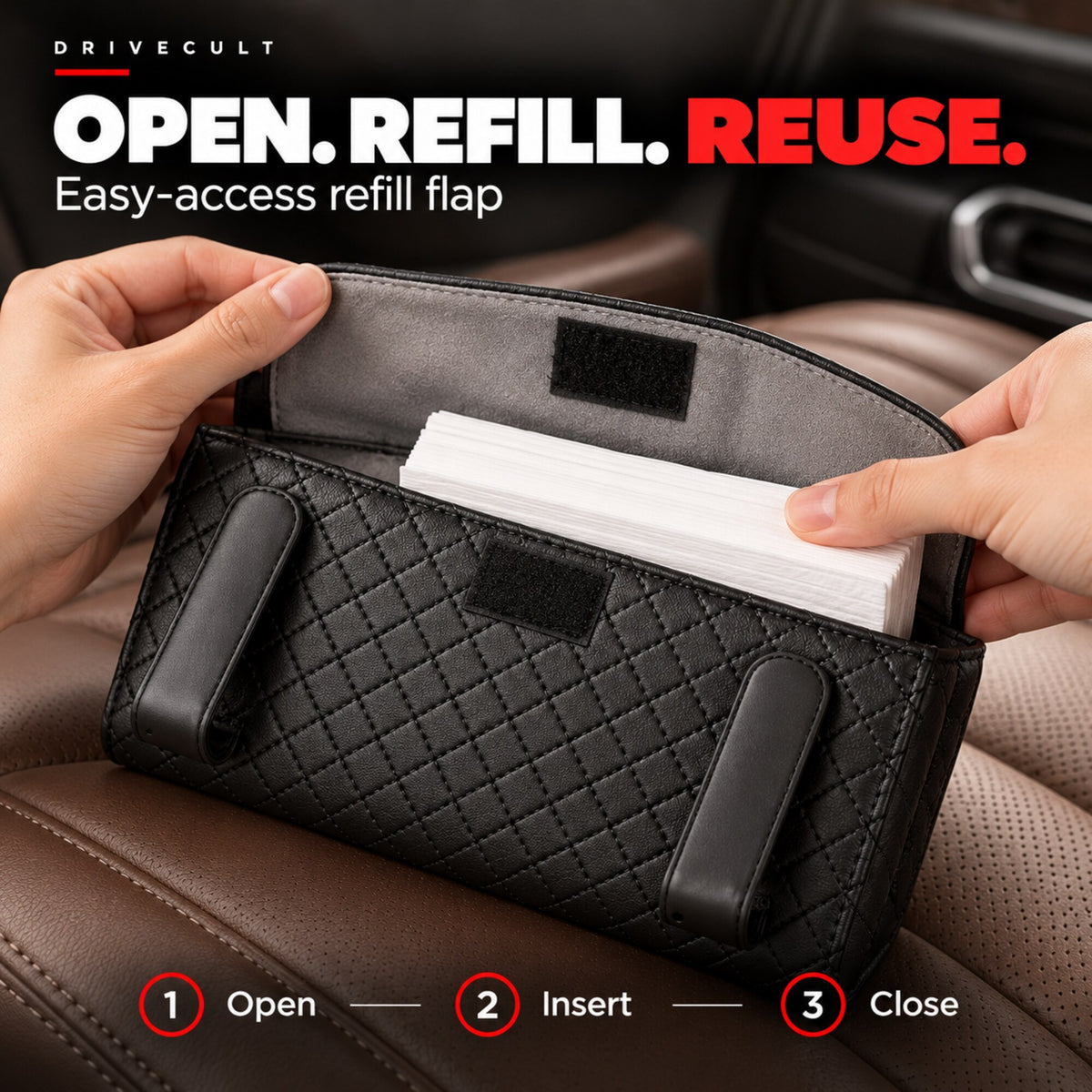 Opening the refill flap of the sun visor tissue holder to insert tissues